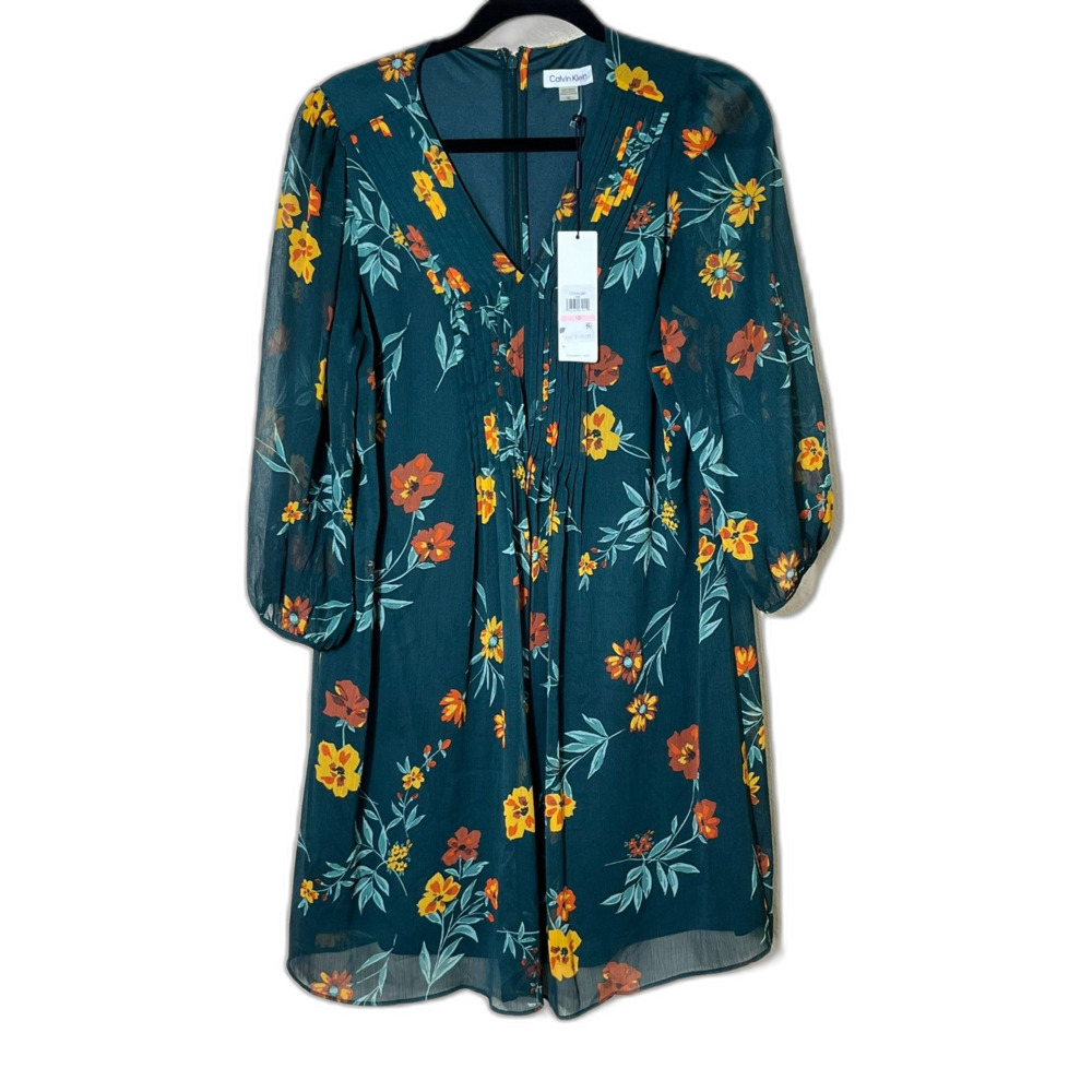 NWT Calvin Klein Forest Green Boho Cottagecore Dress Peasant 10 MSRP $129